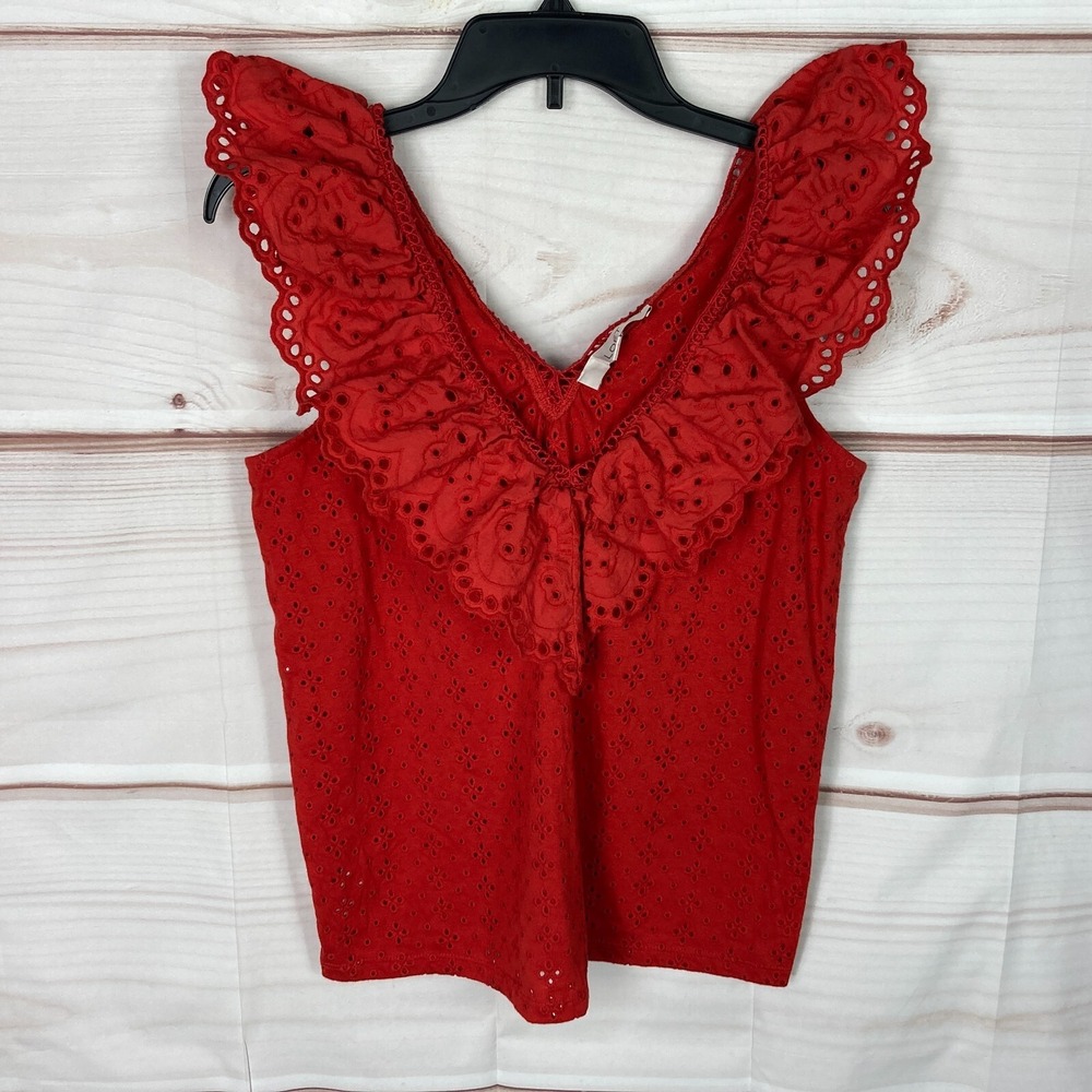 LOFT Top Womens S Orange Eyelet Tank V-Neck Ruffle Strap Knit‎ Woven Pullover